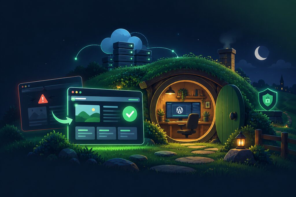 Illustration: a hobbit-hole office in a grassy hill at night, with a WordPress screen inside, cloud servers above, and a broken website being turned into a fixed one
