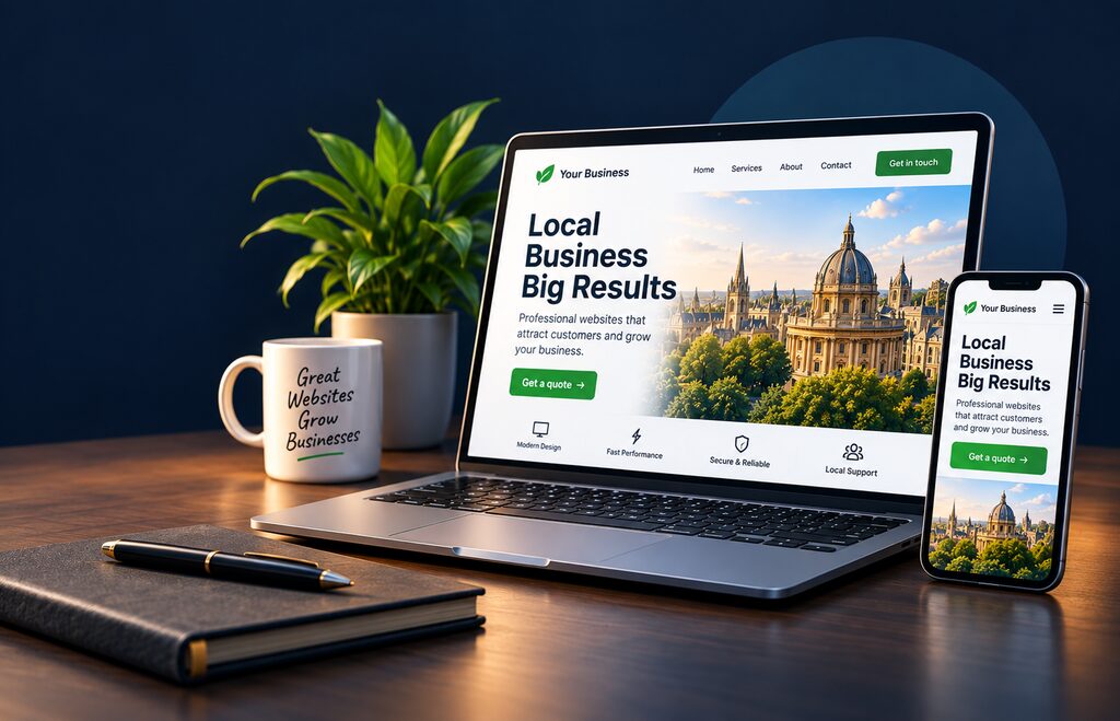 A local business website on a laptop and phone, showing an Oxford skyline, next to a mug reading Great Websites Grow Businesses